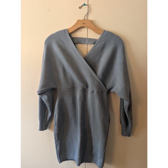 Blue V Neck Long Sleeve Sweater Dress - Picture 1 of 16